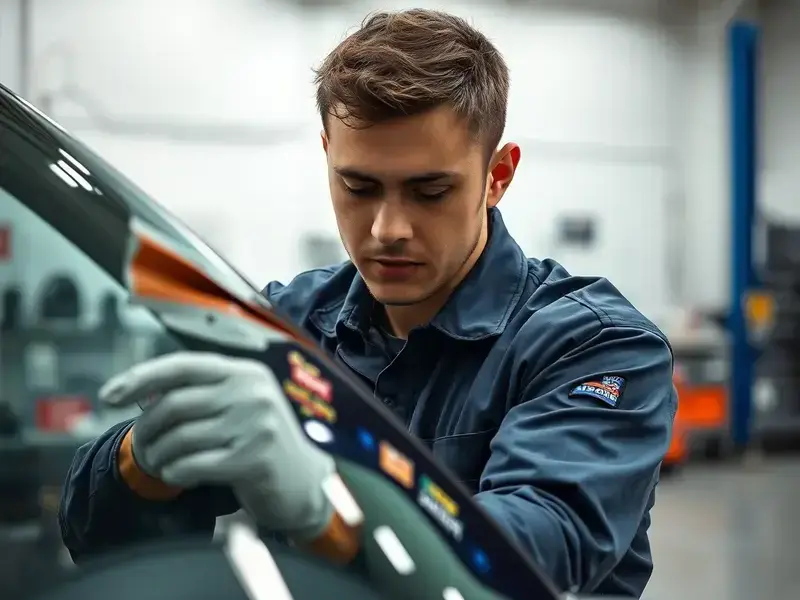 Certified auto glass technician at work